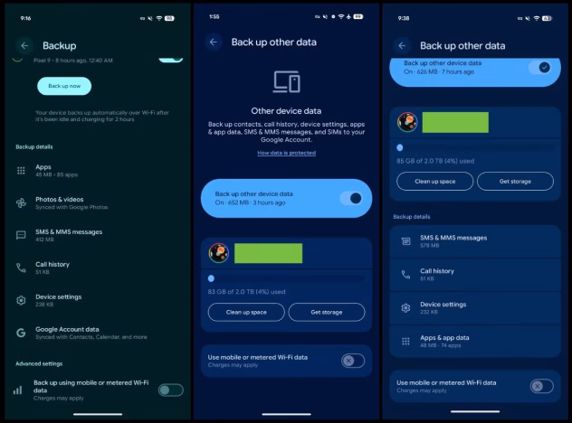 Androidi varundussätete menüü ekraanipilt